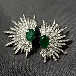 Silver Rhinestone Starburst Emerald Stone 0g Plugs/Ear Gauges